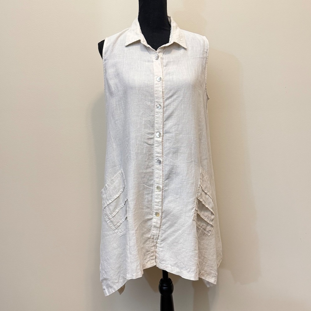 JMP Women L Cream 100% Linen Sleeveless Button Handkerchief Hem TunicCottagecore